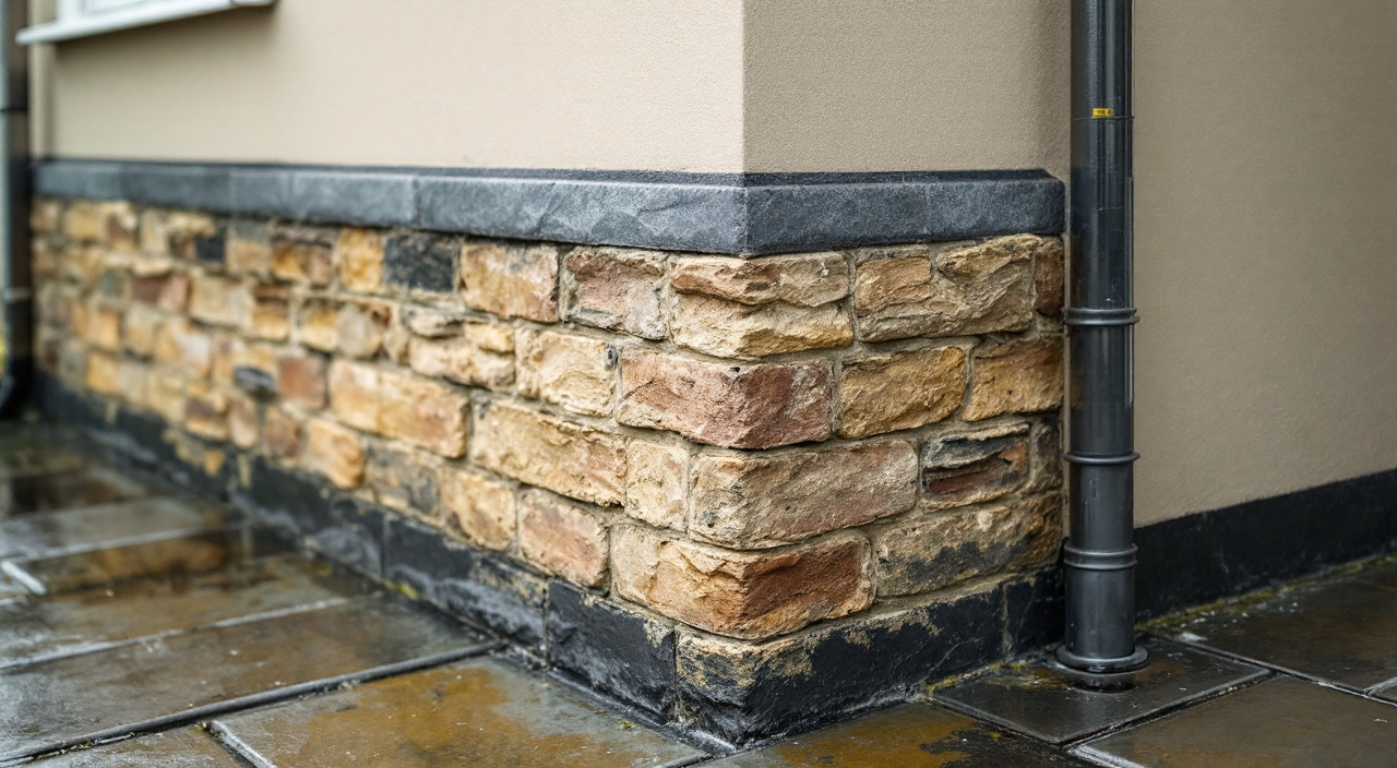 Angle d'une maison ravalée depuis peu : enduit clair posé au-dessus d'un soubassement ancien en silex et brique, fine fissure partant du tableau d'une fenêtre.