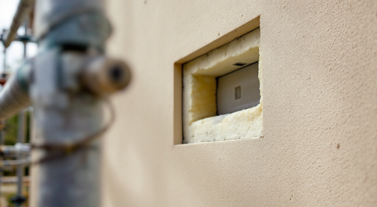 Grille d'entree d'air prolongee par un manchon a travers une isolation exterieure sur une facade enduite