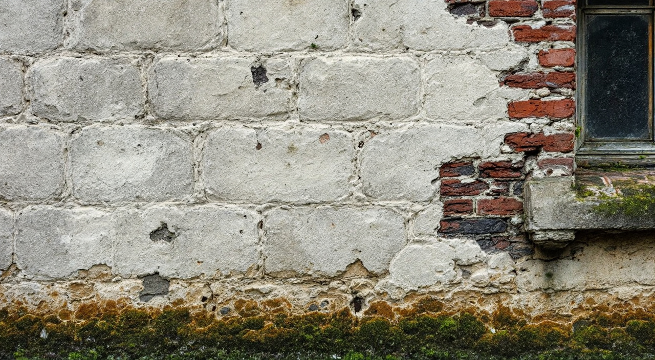 Mur ancien en silex et brique, enduit partiellement tombé, encadrement de brique visible