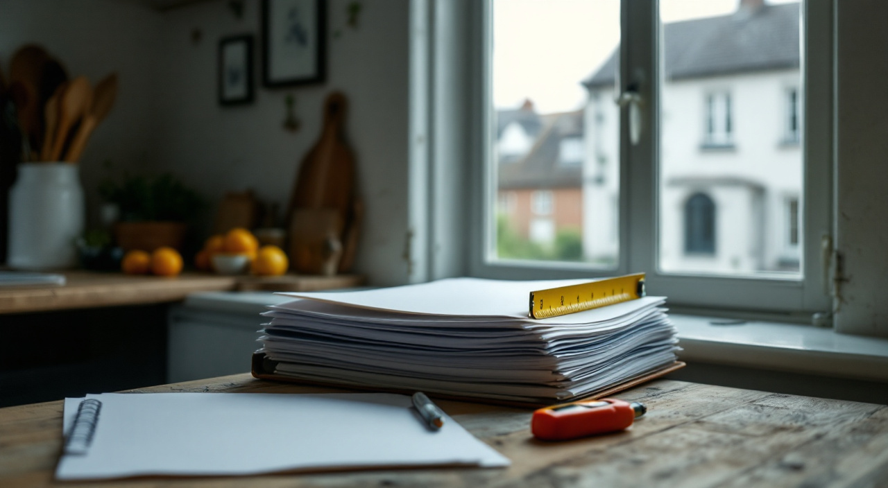 Documents de chantier posés sur une table, façade enduite visible par la fenêtre