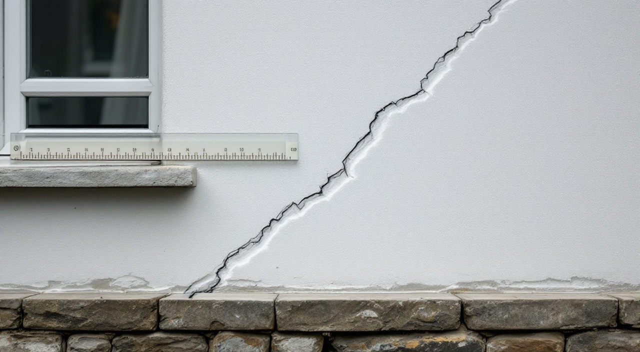 Fissure oblique partant de l'angle d'une fenêtre sur un enduit gris, avec un fissuromètre et un témoin de plâtre posés en travers