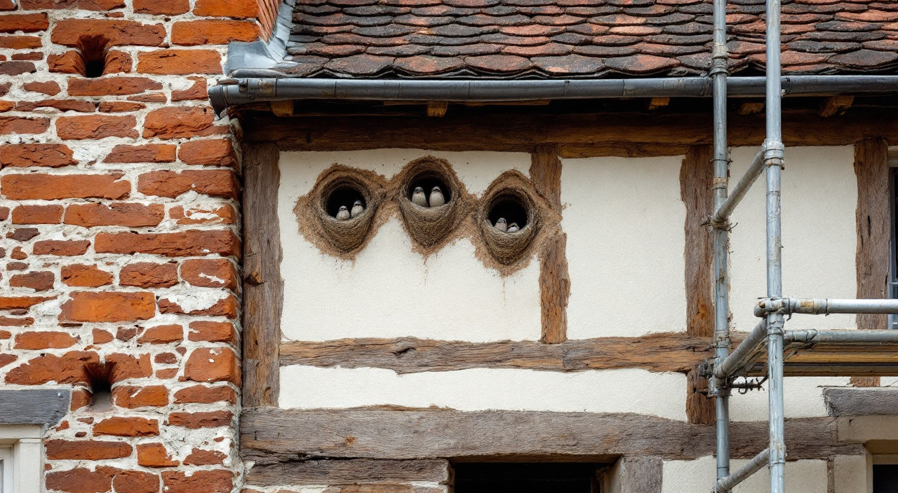 Nids d'hirondelles de fenêtre sous le débord de toiture d'une maison en grison et pans de bois, échafaudage en attente contre le mur