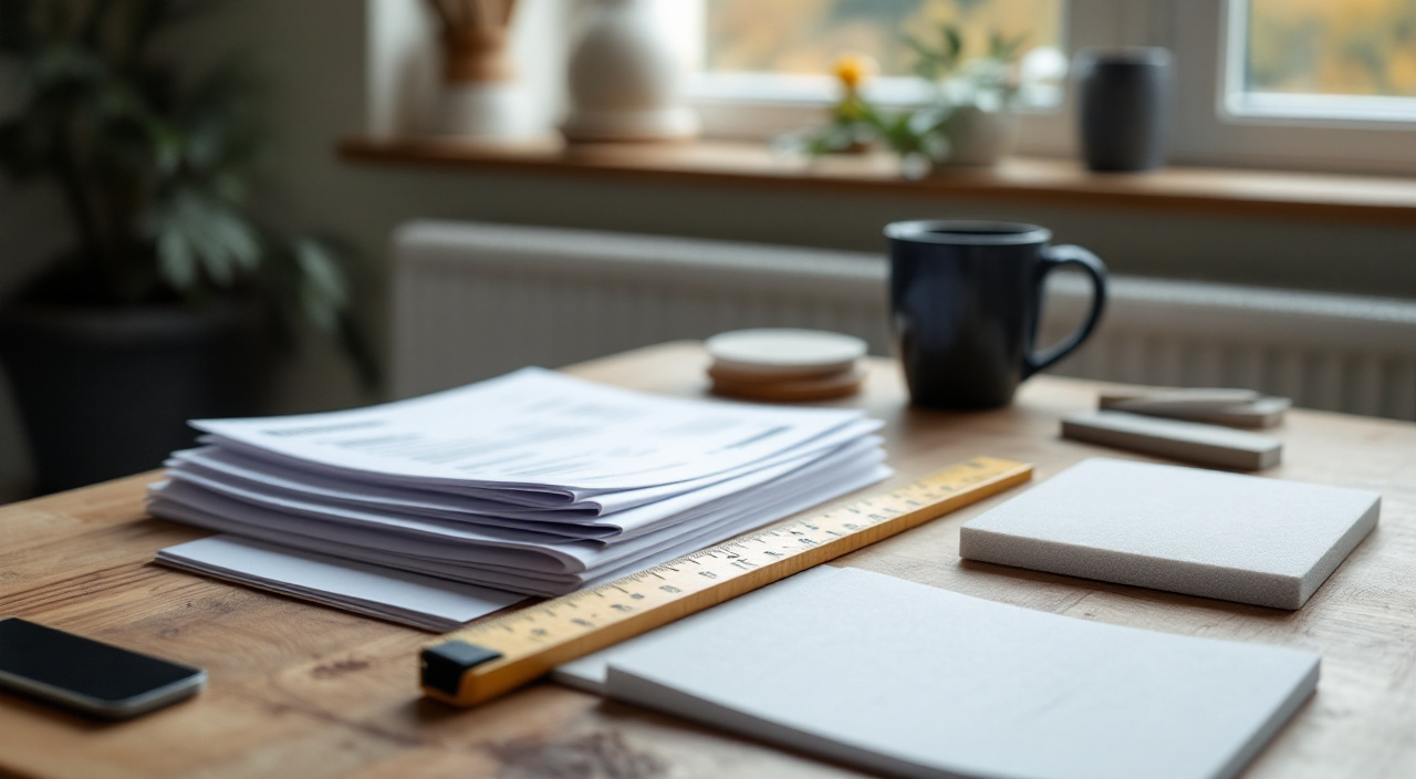 Devis, facture, fiches techniques, mètre ruban et échantillons d'isolant et d'enduit posés sur une table, dossier de justificatifs après un ravalement
