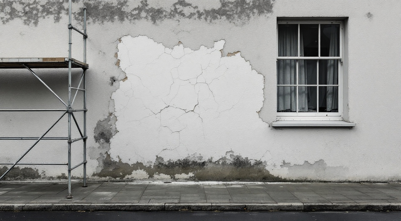 Façade pavillonnaire à l'enduit projeté fissuré, échafaudage replié contre le mur