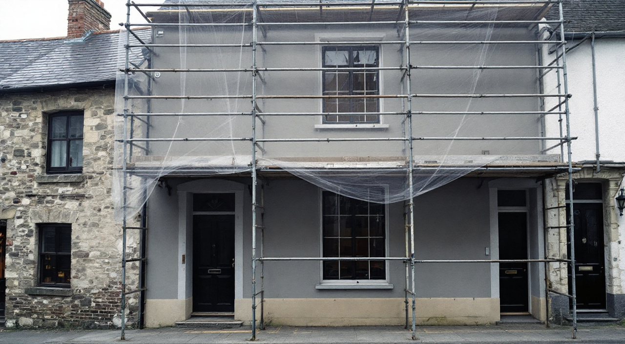 Échafaudage de pied monté contre une façade de maison de ville