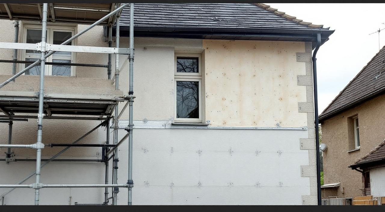 Mur de maison en cours d'isolation par l'extérieur, panneaux isolants fixés sur une moitié de la façade