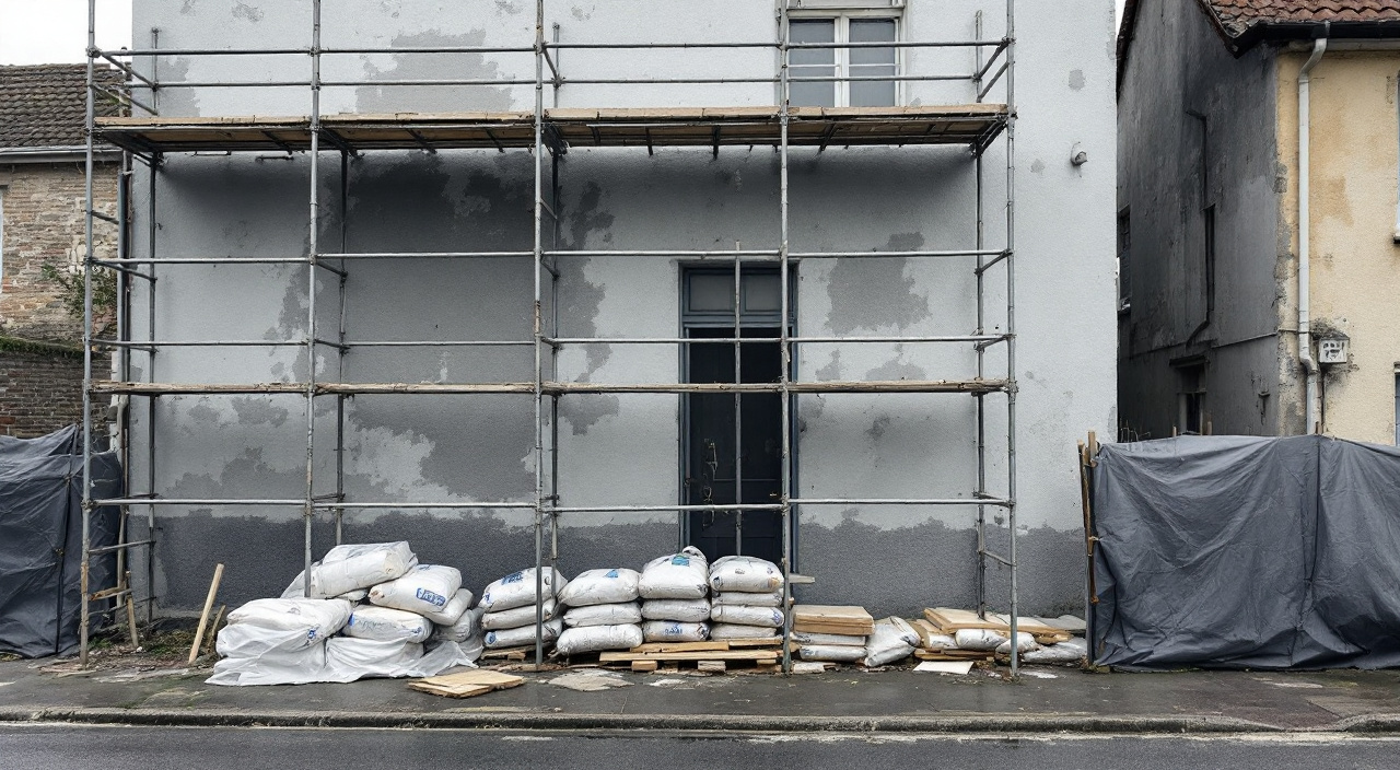 Échafaudage vide devant une façade à moitié décapée, matériaux bâchés au pied du mur