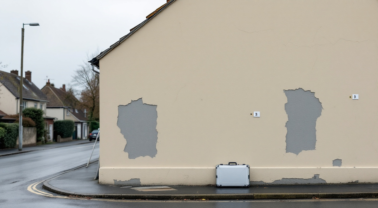 Pignon d'une maison dont l'enduit se décolle par plaques, avec des repères posés le long des fissures et une zone de sondage ouverte près du soubassement