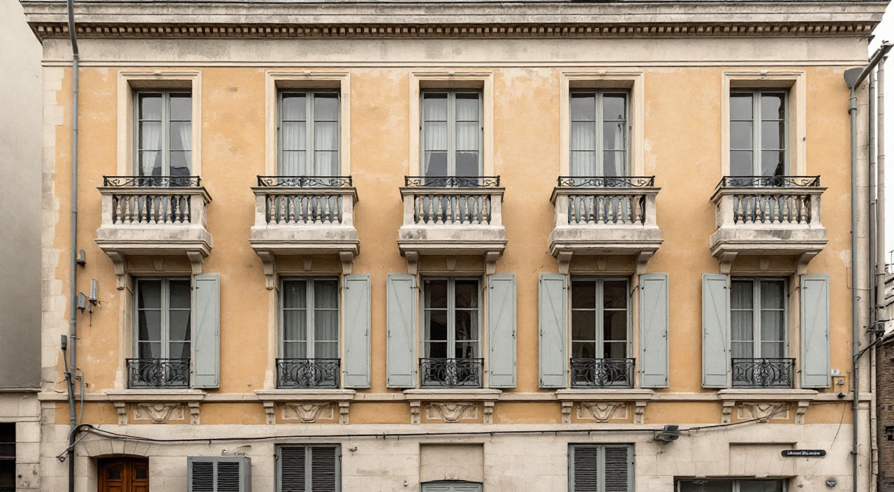 Façade d'immeuble ancien avec balcons en ferronnerie, volets bois et coffret technique en pied de mur