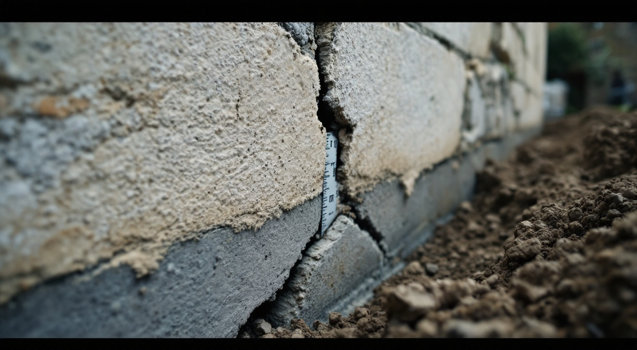 Fissure diagonale partant de l'angle d'une fenêtre sur une façade enduite, avec une jauge de mesure collée et une fouille de reconnaissance ouverte au pied du mur