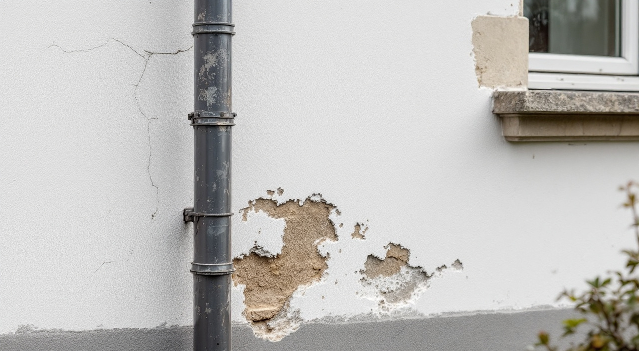 Façade enduite un an après réception, micro-fissures et décollement localisé près d'un tableau de fenêtre