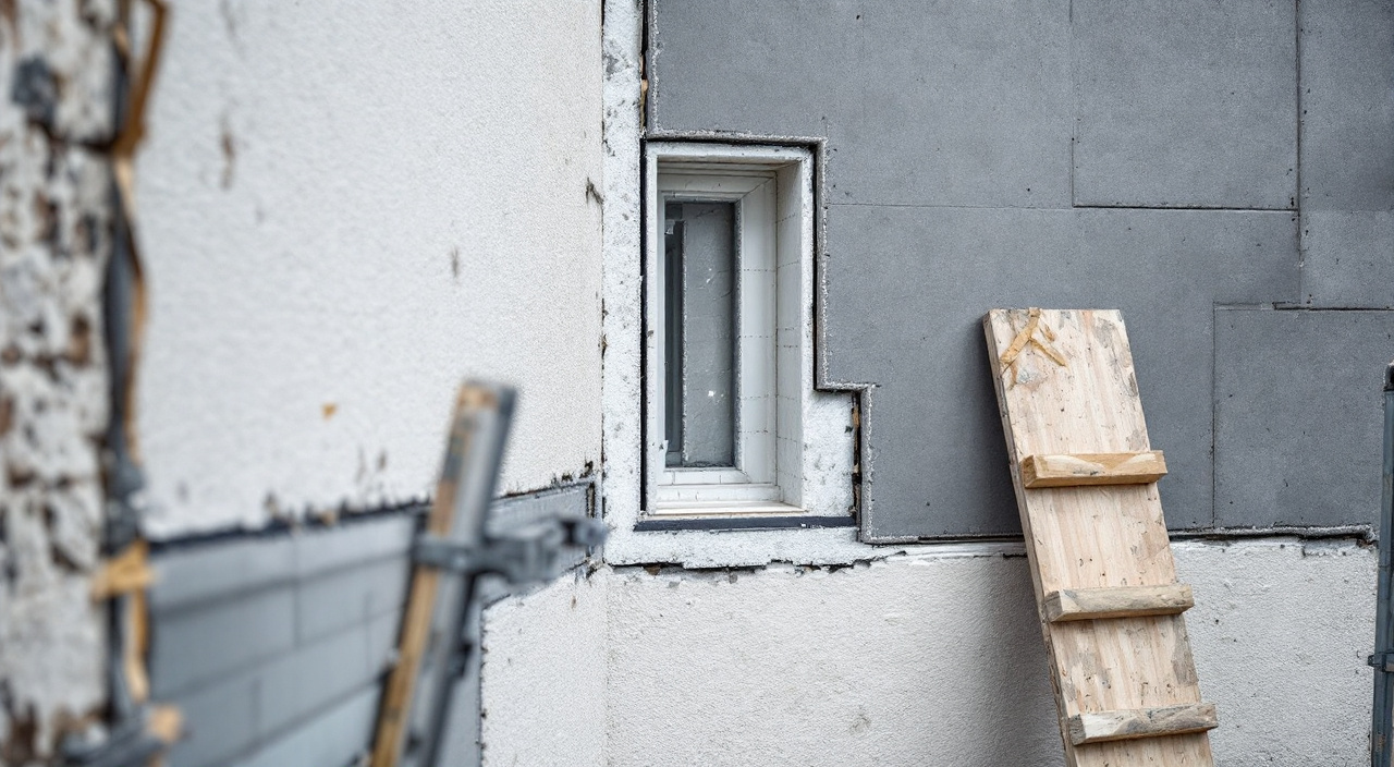 Détail d'un chantier d'isolation par l'extérieur : tranche d'un panneau isolant contre un mur enduit, retour d'isolant à l'ébrasement d'une fenêtre
