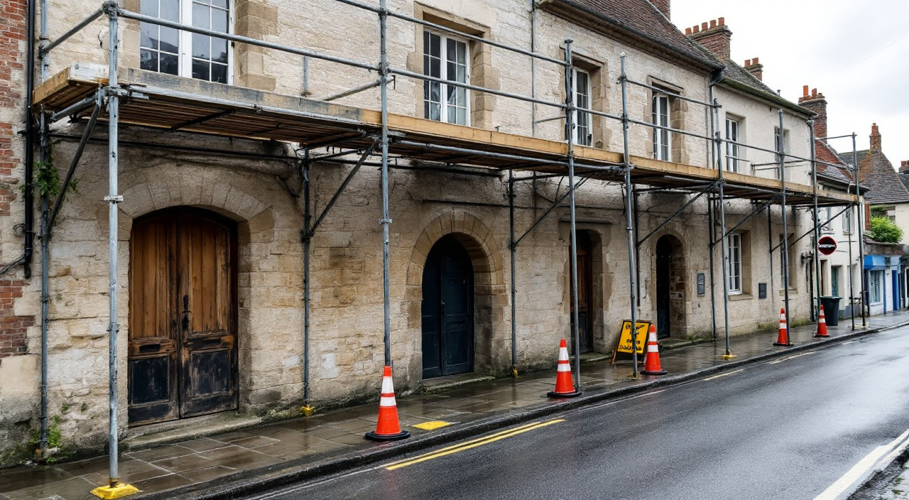 Échafaudage monté sur le trottoir étroit d'une rue de bourg ancien, devant une façade de calcaire et de brique, avec signalisation temporaire au pied.