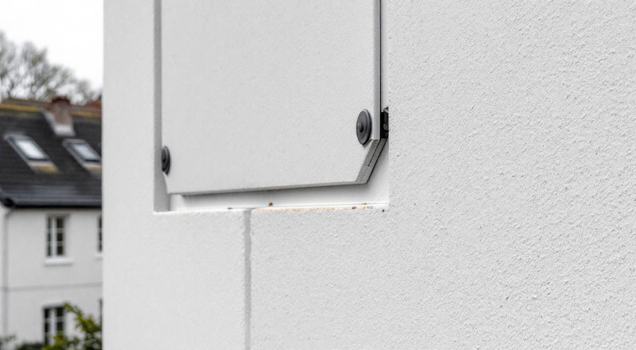 Détail d'un système d'isolation par l'extérieur, joint entre panneaux visible sous l'enduit mince