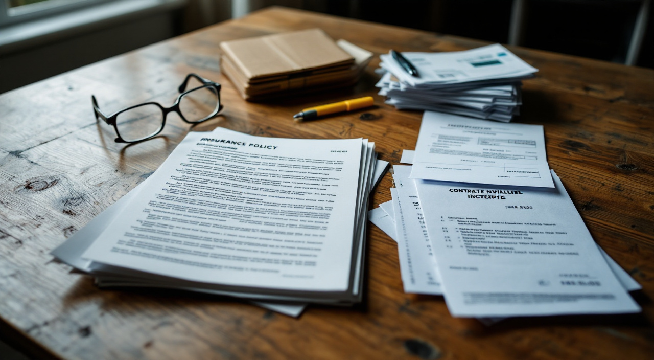 Documents d'assurance et courriers de chantier étalés sur une table en bois, avec lunettes et surligneur