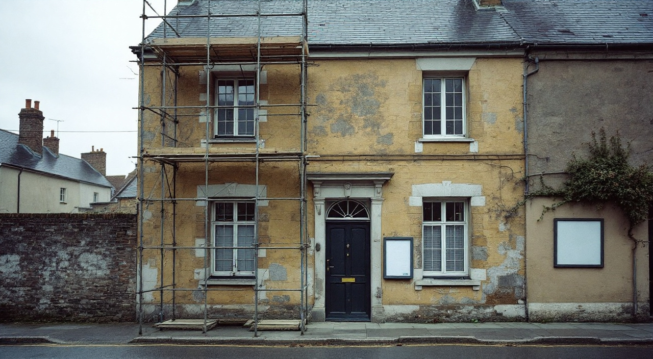 Façade en pierre et enduit à la chaux d'une maison de bourg, avant travaux de ravalement
