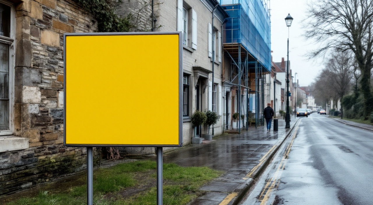 Panneau d'affichage vierge planté en limite de propriété devant une maison de bourg en cours de ravalement