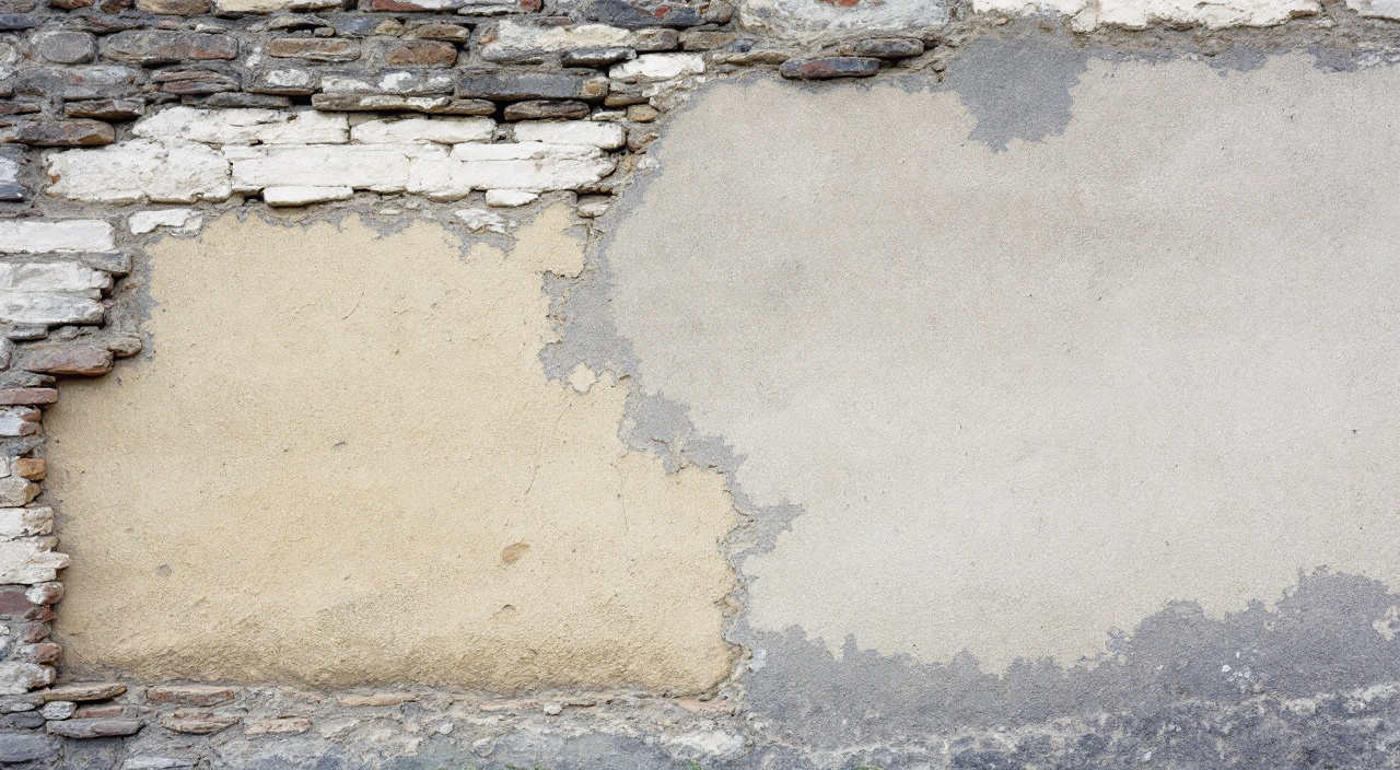 Mur ancien dont l'enduit a été piqué, laissant voir la maçonnerie et les couches successives de l'enduit