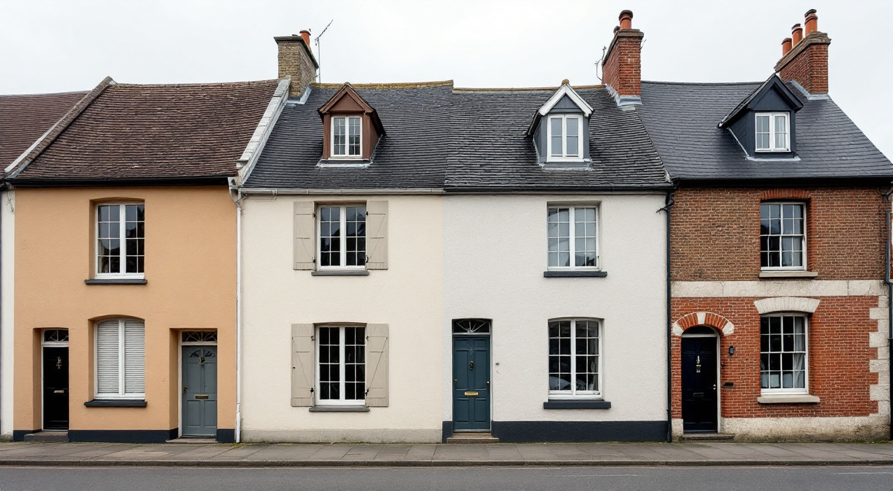 Alignement de quatre façades mitoyennes d'un bourg, aux enduits et teintes différents