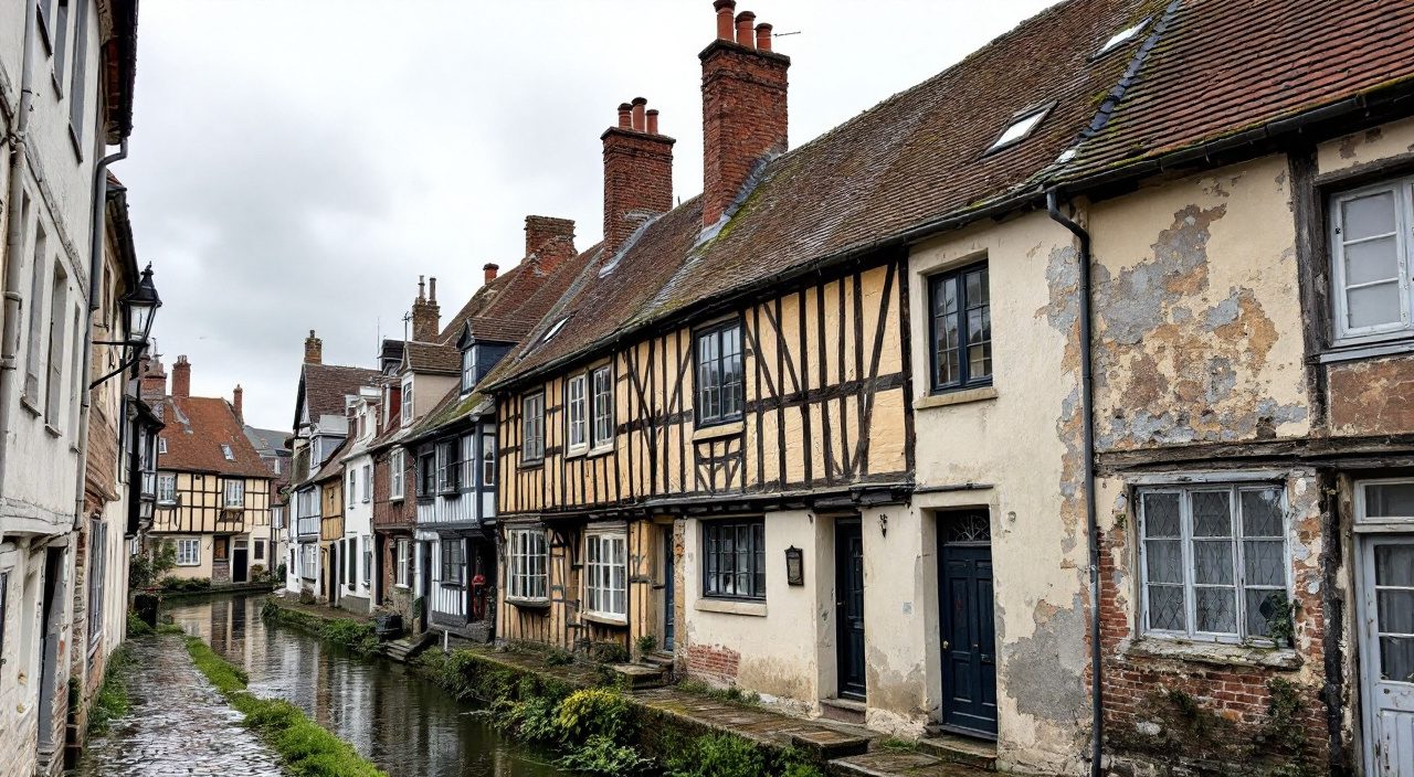 Rue étroite d'un centre ancien normand, une façade fraîchement ravalée entre des façades anciennes ternies, près d'un bras de rivière.