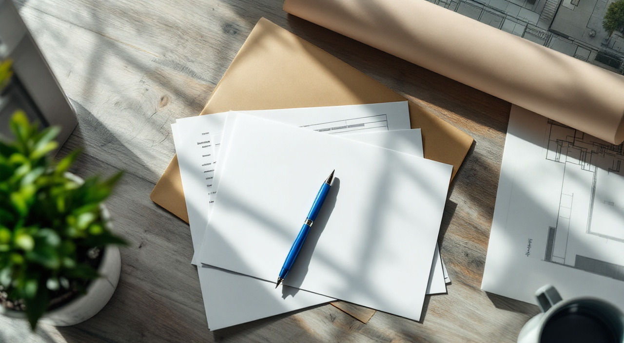 Formulaire administratif et dossier de travaux posés sur un bureau, prêts à être signés