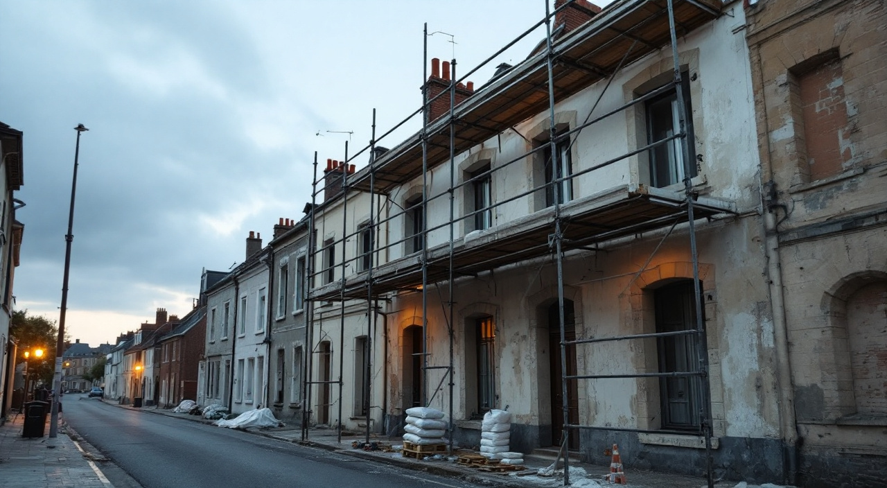 Échafaudage désert devant une façade en enduit dégradé, en fin de journée