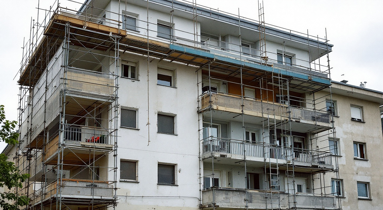 Immeuble collectif sous échafaudage, isolation et enduit neufs sur les étages hauts, béton ancien en partie basse