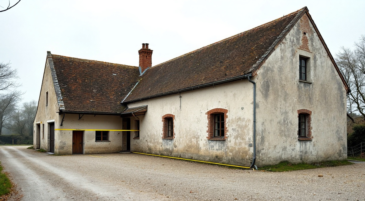 Longère normande vue de trois quarts, mètre ruban tendu le long du pied de façade