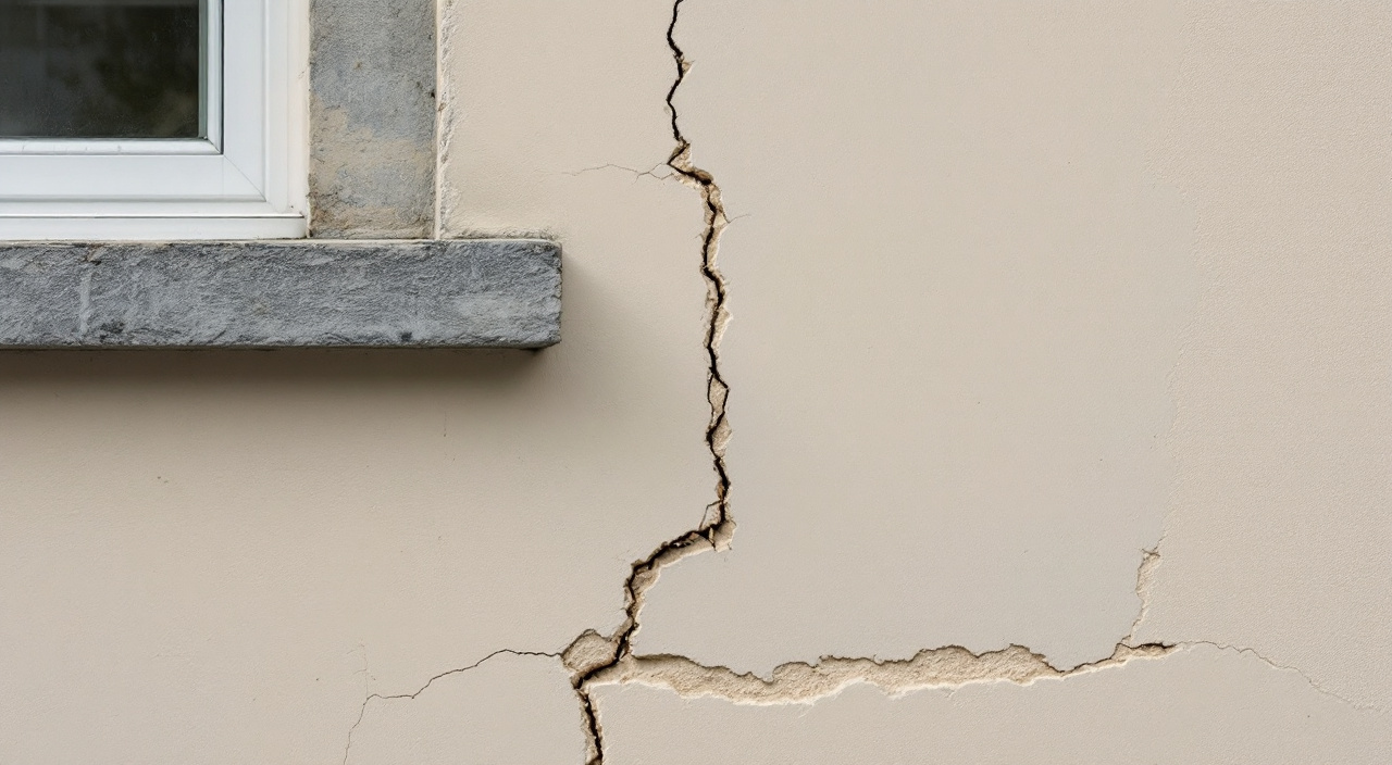 Façade de maison de bourg dont l'enduit se décolle par plaques au-dessus d'un appui de fenêtre