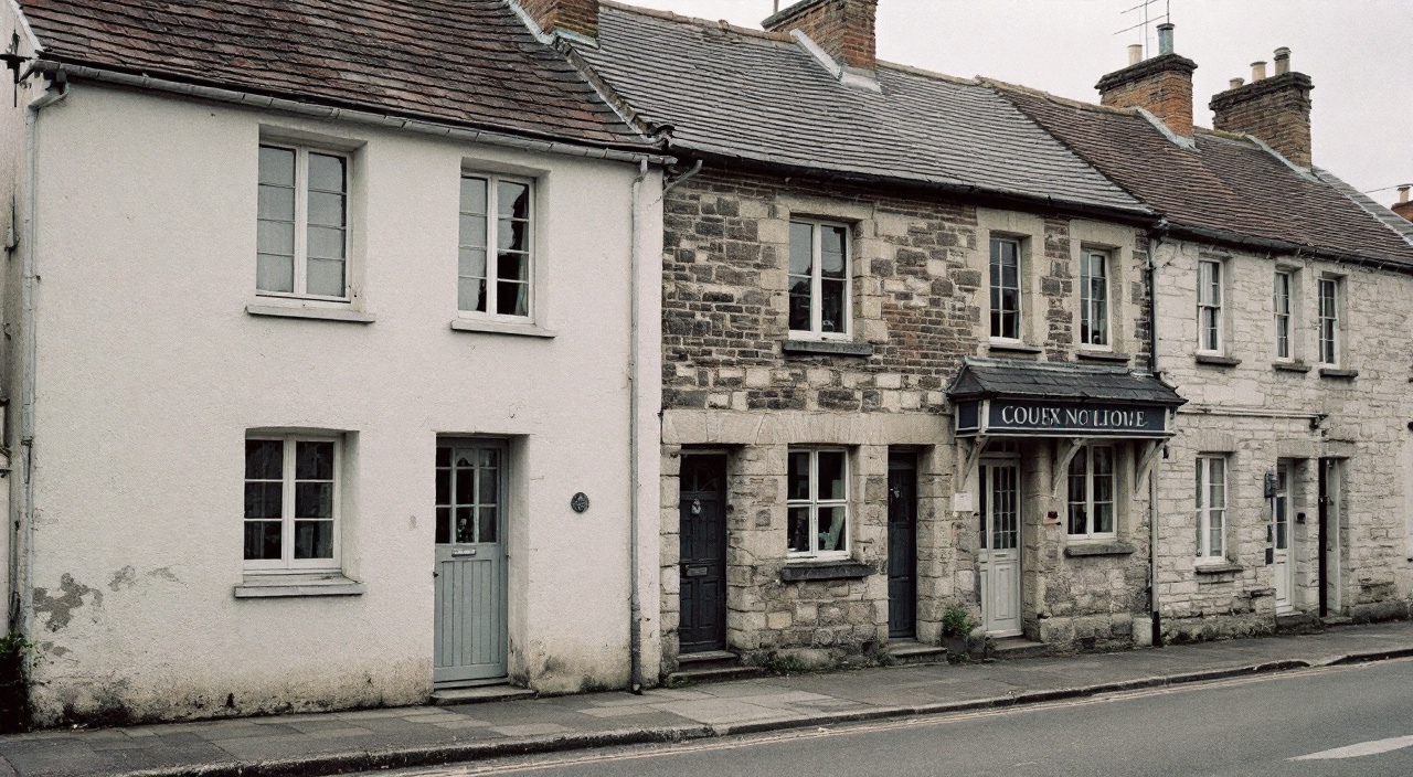 Rue de bourg ancien où une façade vient d'être ravalée entre deux façades restées grises