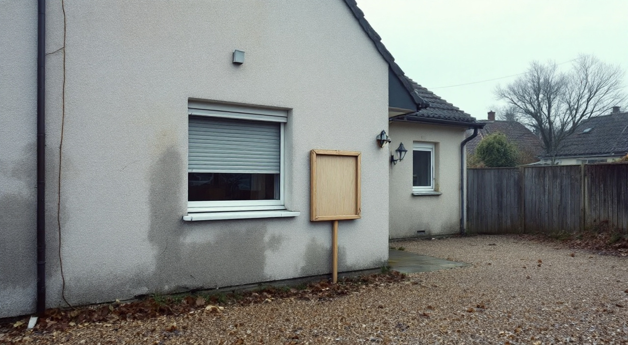 Pavillon des années 1980 aux volets fermés au petit matin, enduit pâle microfissuré près d'une fenêtre, allée vide, panneau de chantier fixé à la clôture.