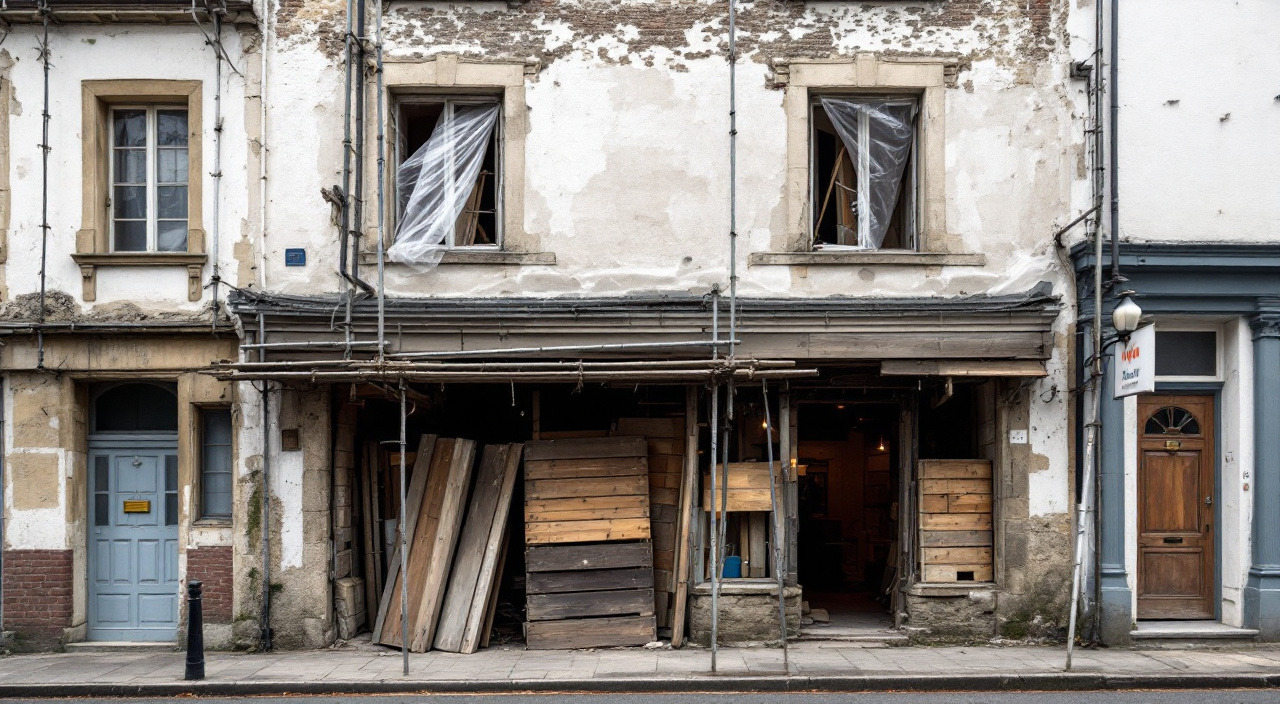 Devanture de commerce partiellement déposée au pied d'un immeuble de bourg en cours de ravalement, maçonnerie dégradée apparente