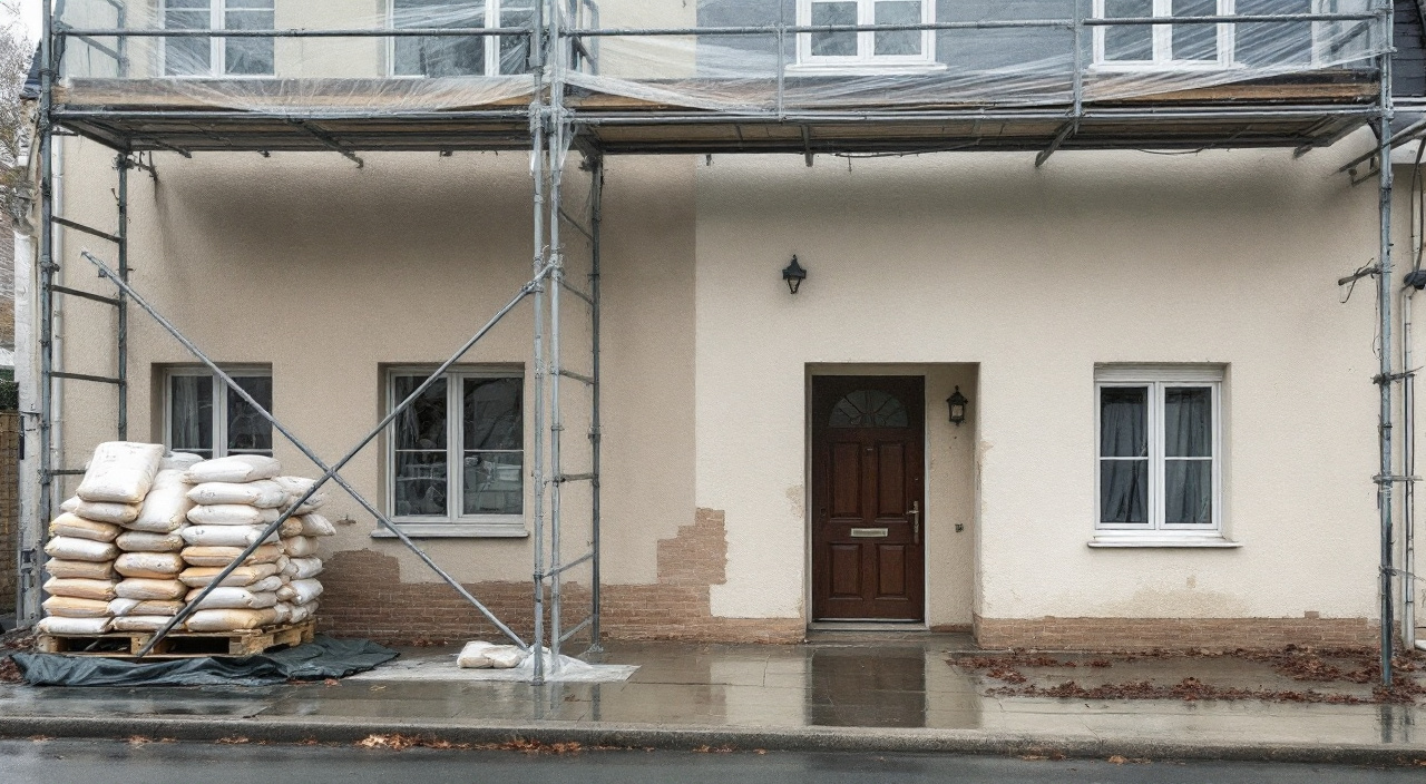 Façade en cours de ravalement sous échafaudage, une partie enduite et l'autre encore à nu, sacs d'enduit bâchés au pied