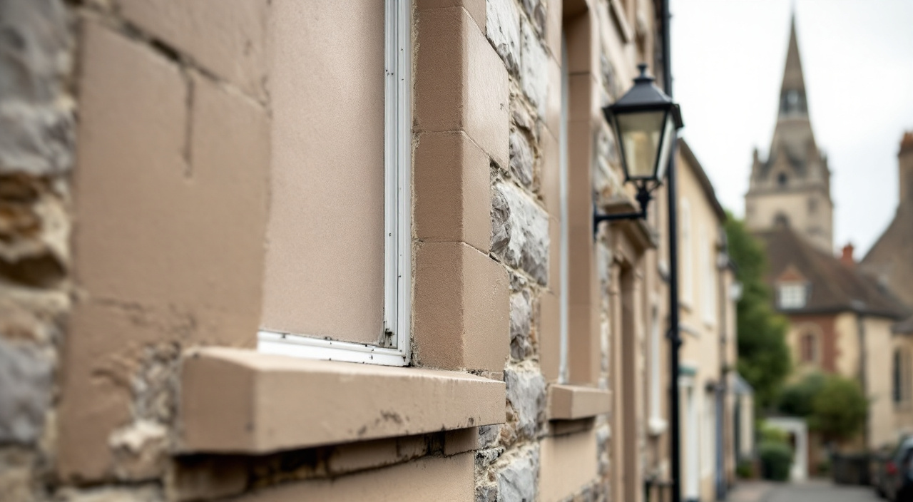 Trois planches d'essai d'enduit posées sur une façade ancienne, près d'un encadrement mouluré et d'une descente en zinc