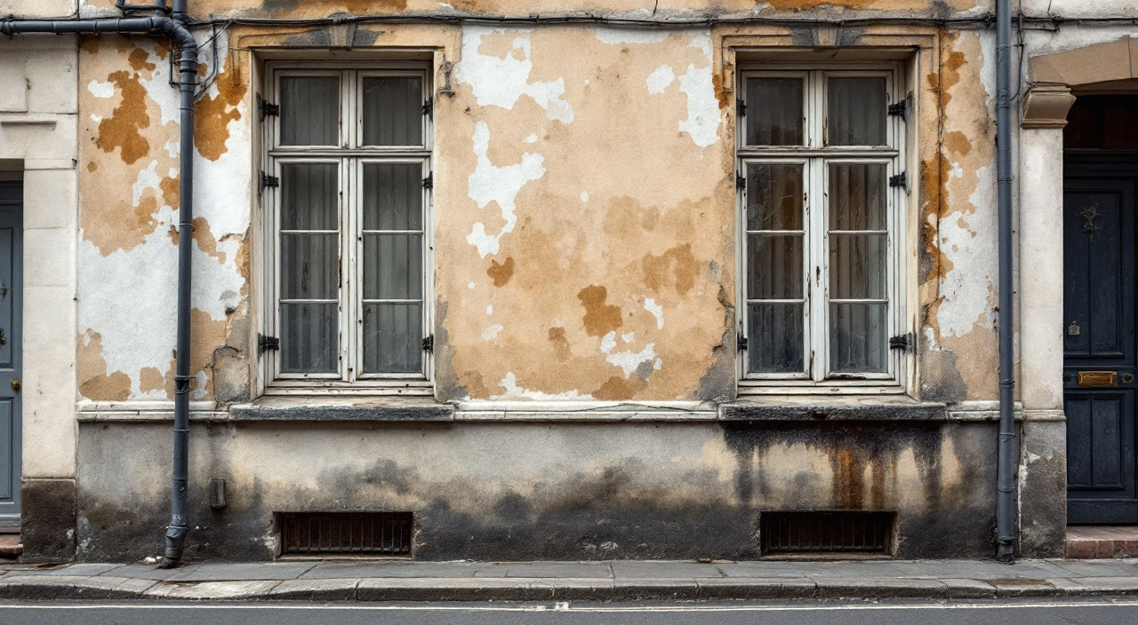 Façade de maison de ville dont l'enduit est tombé par plaques au-dessus d'une trace sombre d'humidité en pied de mur, avec une descente d'eau cassée