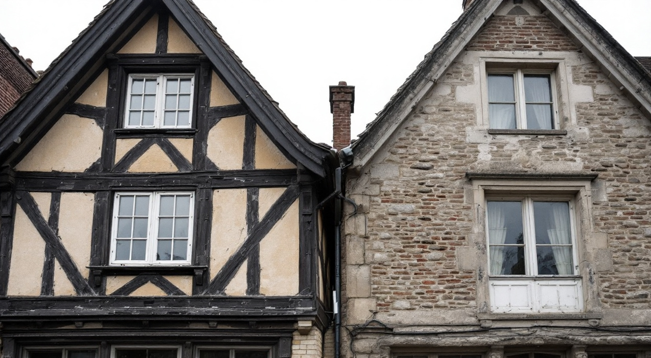 Jonction verticale entre deux façades mitoyennes d'un bourg ancien, pan de bois d'un côté, maçonnerie de pierre et brique de l'autre