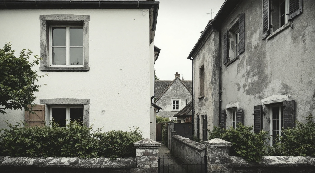 Deux maisons mitoyennes séparées par un muret et une haie, l'une avec un enduit refait, l'autre non.