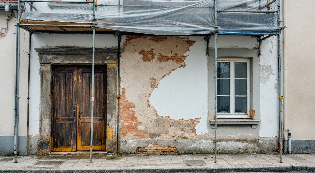 Façade d'immeuble en cours de ravalement, échafaudage partiellement monté et enduit décroûté sur une partie du mur