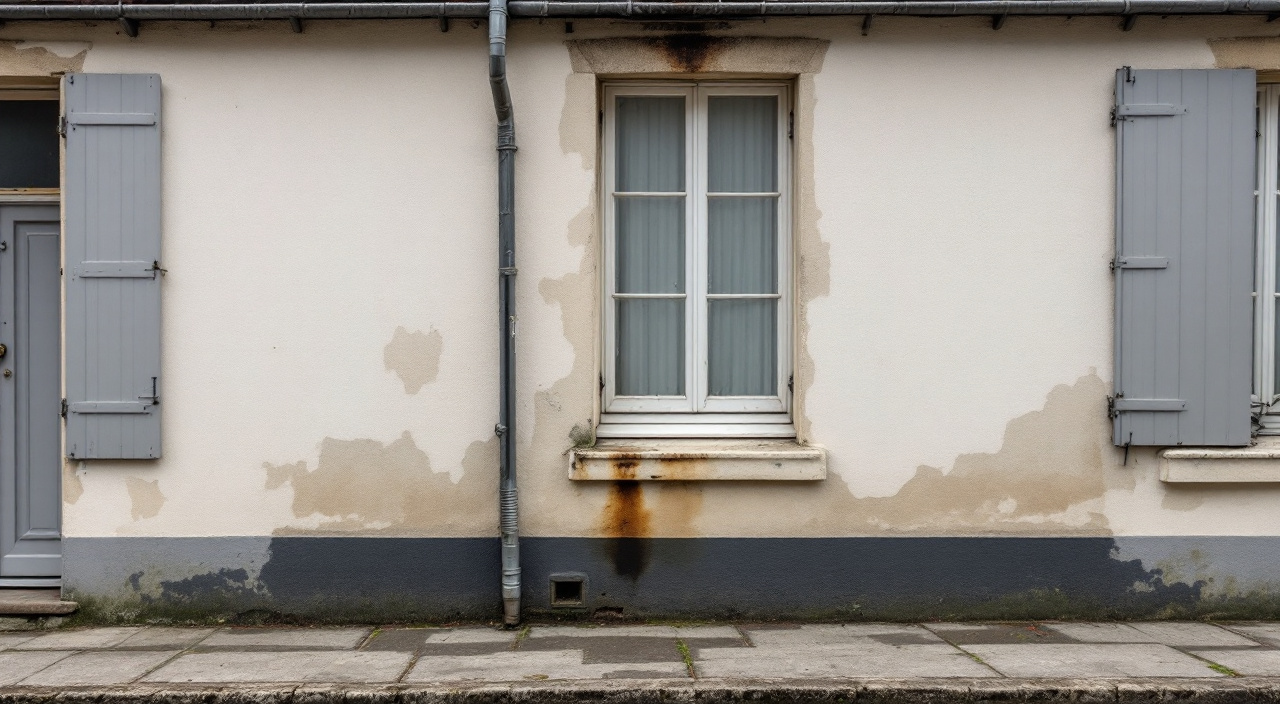 Façade enduite d'une maison de bourg normande présentant un enduit farineux, une coulure sous appui de fenêtre et un verdissement en pied de mur