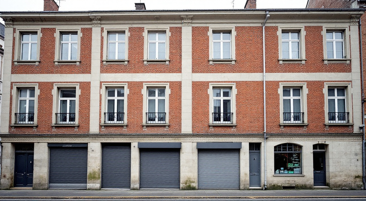 Façade d'un immeuble de la Reconstruction en brique et béton, percements réguliers et bandeaux filants