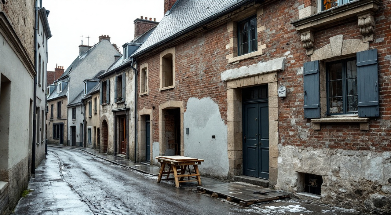 Façade d'une maison de bourg ancienne en cours de ravalement à la chaux, encadrements de pierre dégagés