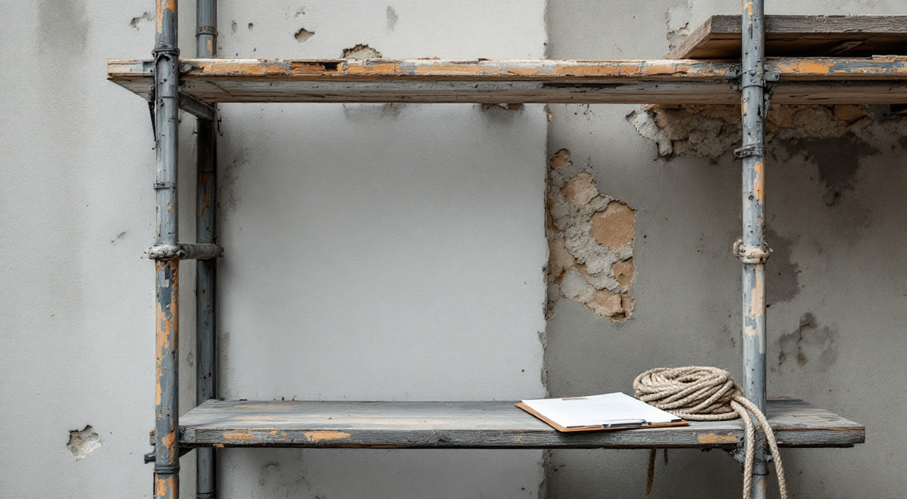 Planche d'échafaudage devant une façade en cours de décroûtage, avec un porte-documents et un document plié posés dessus