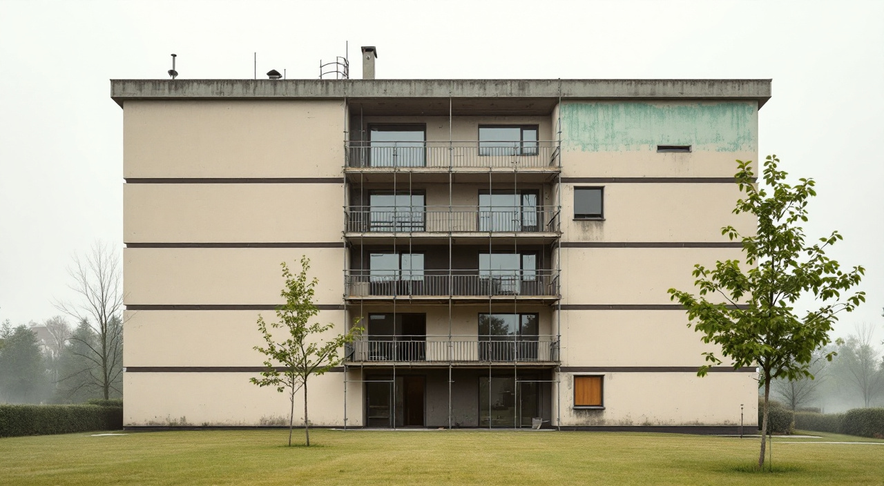 Façade d'un immeuble d'habitation des années 1980 en fond de vallée, enduit taché et échafaudage partiel